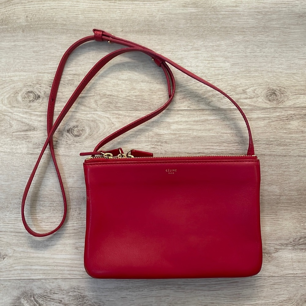 Authentic Celine Trio Small Lambskin Leather Crossbody Bag